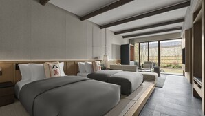 A modern hotel room with two beds, a sofa, a TV, and a large window offering a view of the outdoors. - Angsana Chengdu Wenjiang (Chengdu)