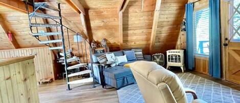 Smart TV, fireplace, DVD player, books