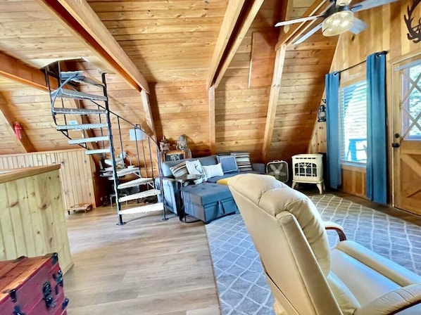 Smart TV, fireplace, DVD player, books