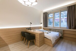 Escritorio, tabla de planchar con plancha, wifi gratis y ropa de cama 
