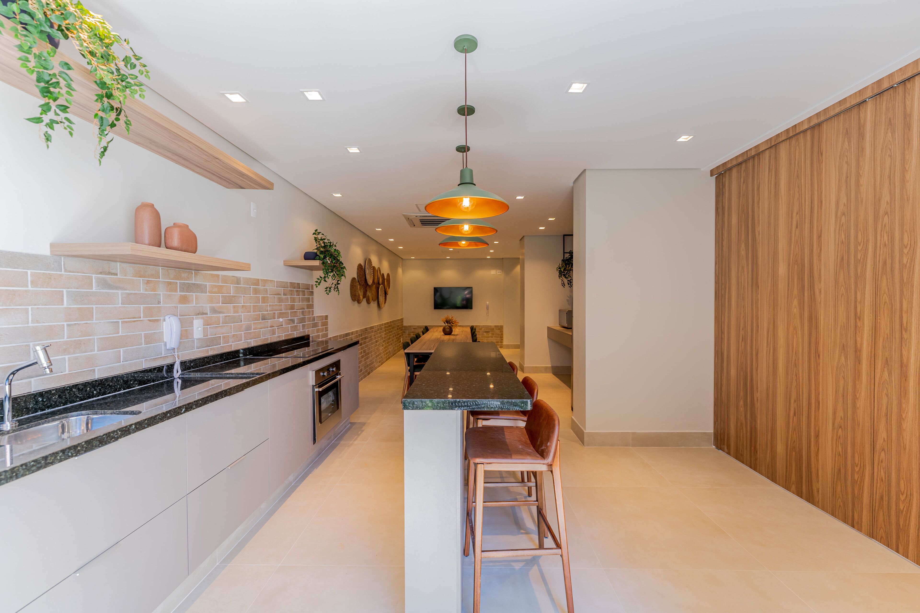 A modern kitchen with a central island, built-in appliances, and a hanging plant.