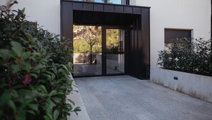 Une entrée moderne avec une porte en verre, un chemin en béton et de la verdure environnante.