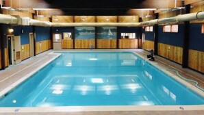 Une piscine intérieure avec un revêtement mural en bois et une vue sur la mer grâce à un plafond en verre.