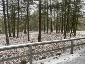 A forested area with a paved path and a metal railing. - Bali’s Cottage - Cozy Poconos Stay • WLE Amenities • Fire Pit (Lake Ariel)