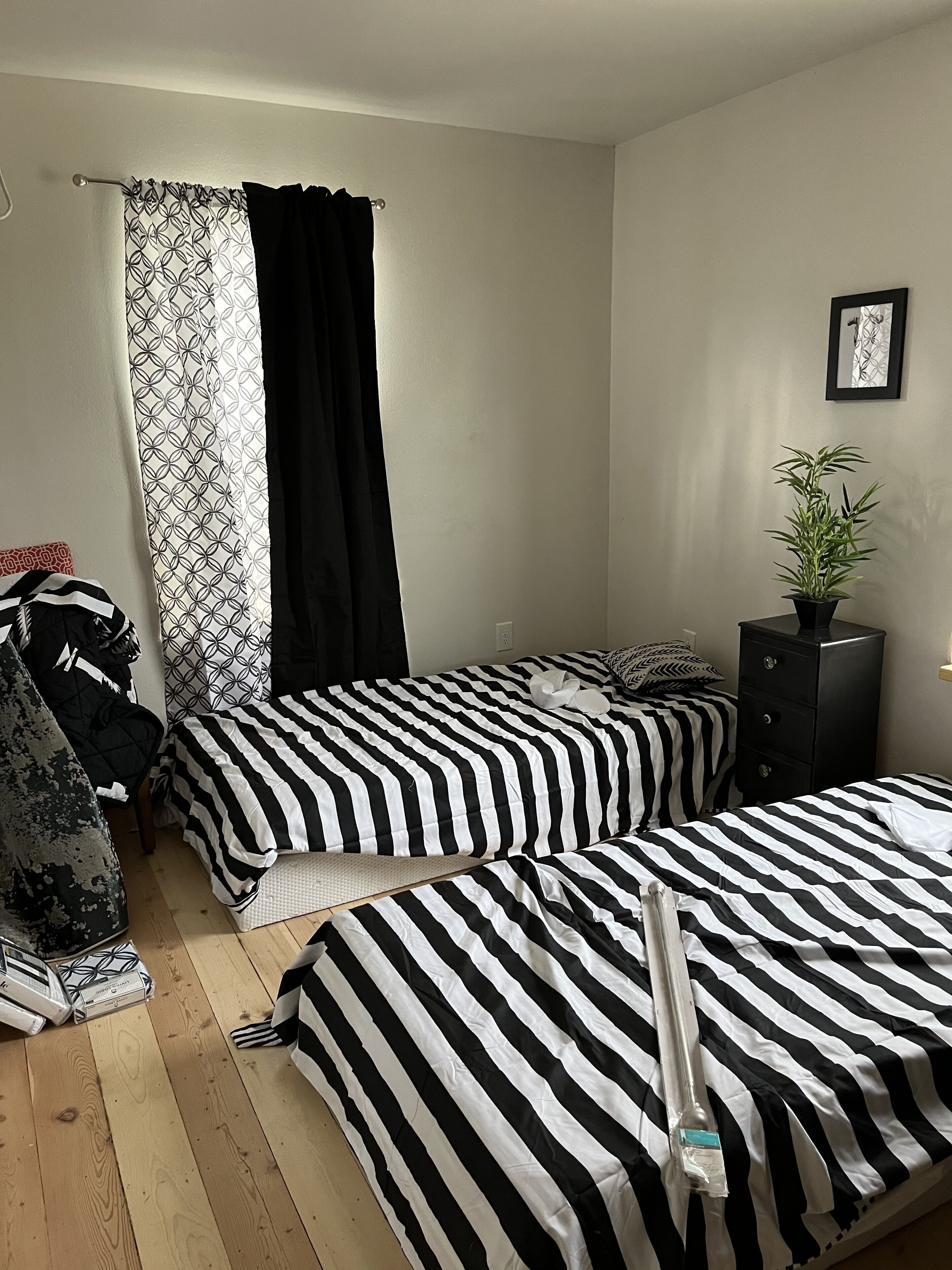 A bedroom with two beds, a dresser, a potted plant, and a window with patterned curtains.