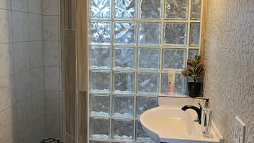 Shower, hair dryer, towels, soap