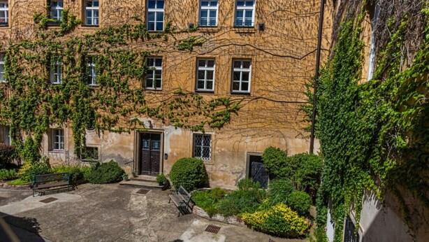 Une cour intérieure avec un bâtiment recouvert de lierre, des bancs et un petit jardin.