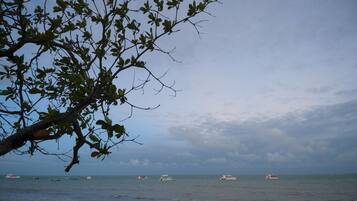 A beach with a tree branch in the foreground and several boats on the water.