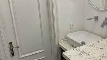 Shower, hair dryer, bidet, towels