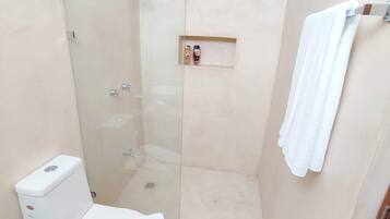 Un bagno con doccia vetrata, un water e un piccolo ripiano con articoli da toilette.