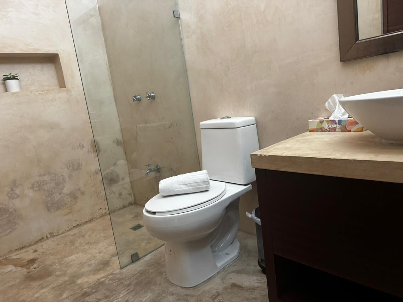 A bathroom with a toilet, a sink, and a shower area.