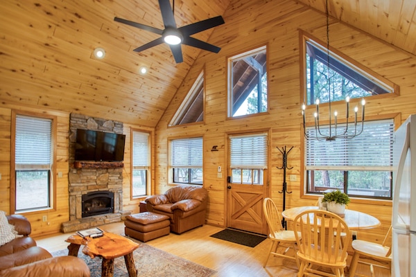 Smart-tv, een open haard en een dvd-speler