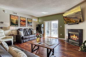 TV connectée, cheminée, livres