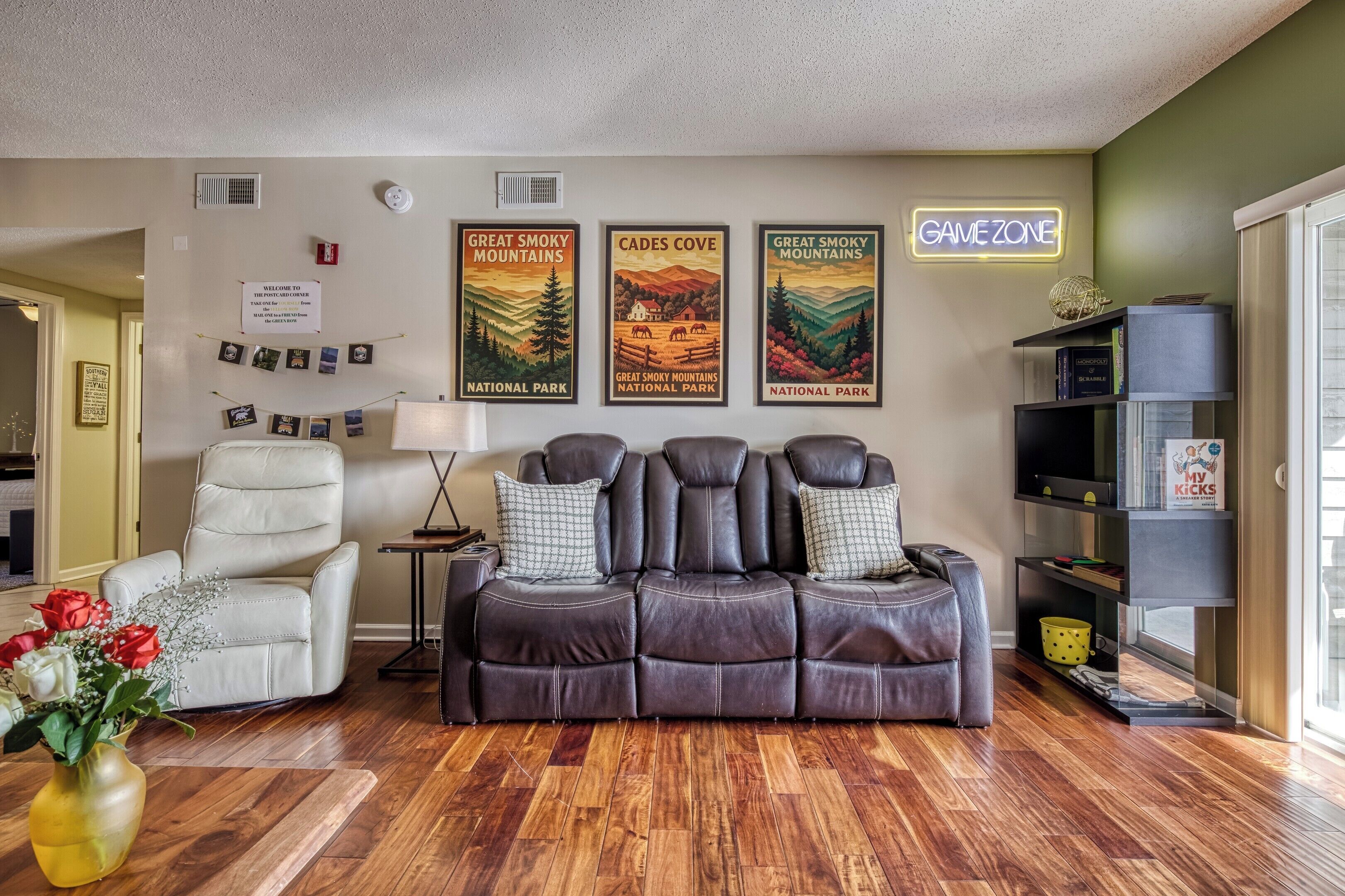 Smart TV, fireplace, books