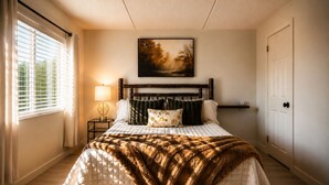 A bedroom with a bed, a bedside lamp, a painting on the wall, and a window with blinds.