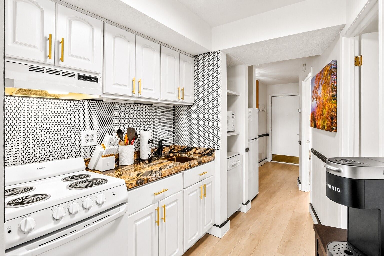 Fridge, microwave, oven, stovetop