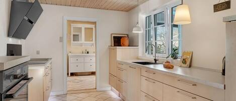 Fridge, stovetop, dishwasher, coffee/tea maker