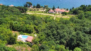 An aerial view of a coastal property with a swimming pool, surrounded by dense greenery and a clear view of the sea. - Amazing home in Lovran (Lovran)