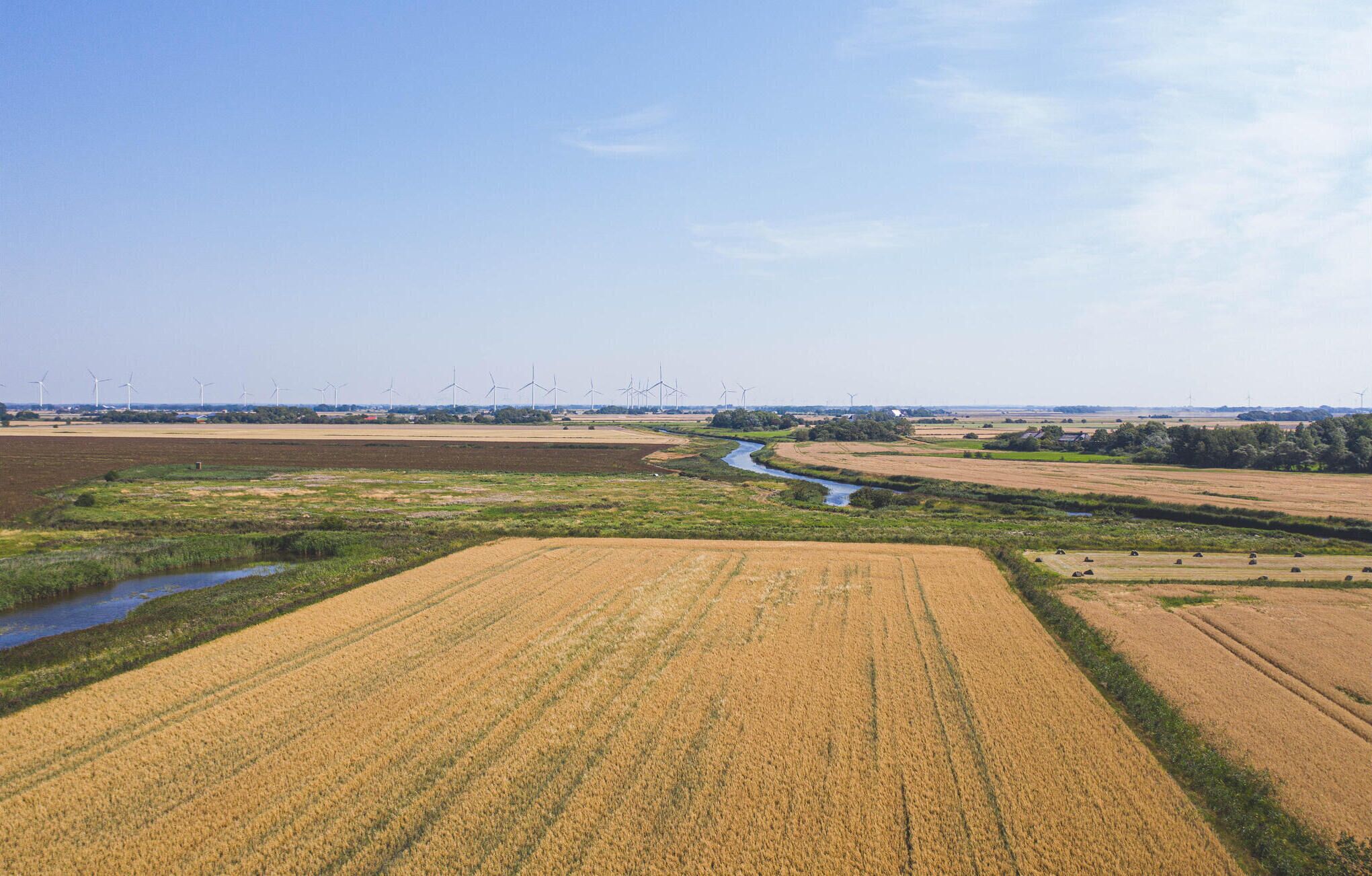 A rural landscape with fields, a river, and wind turbines in the distance.