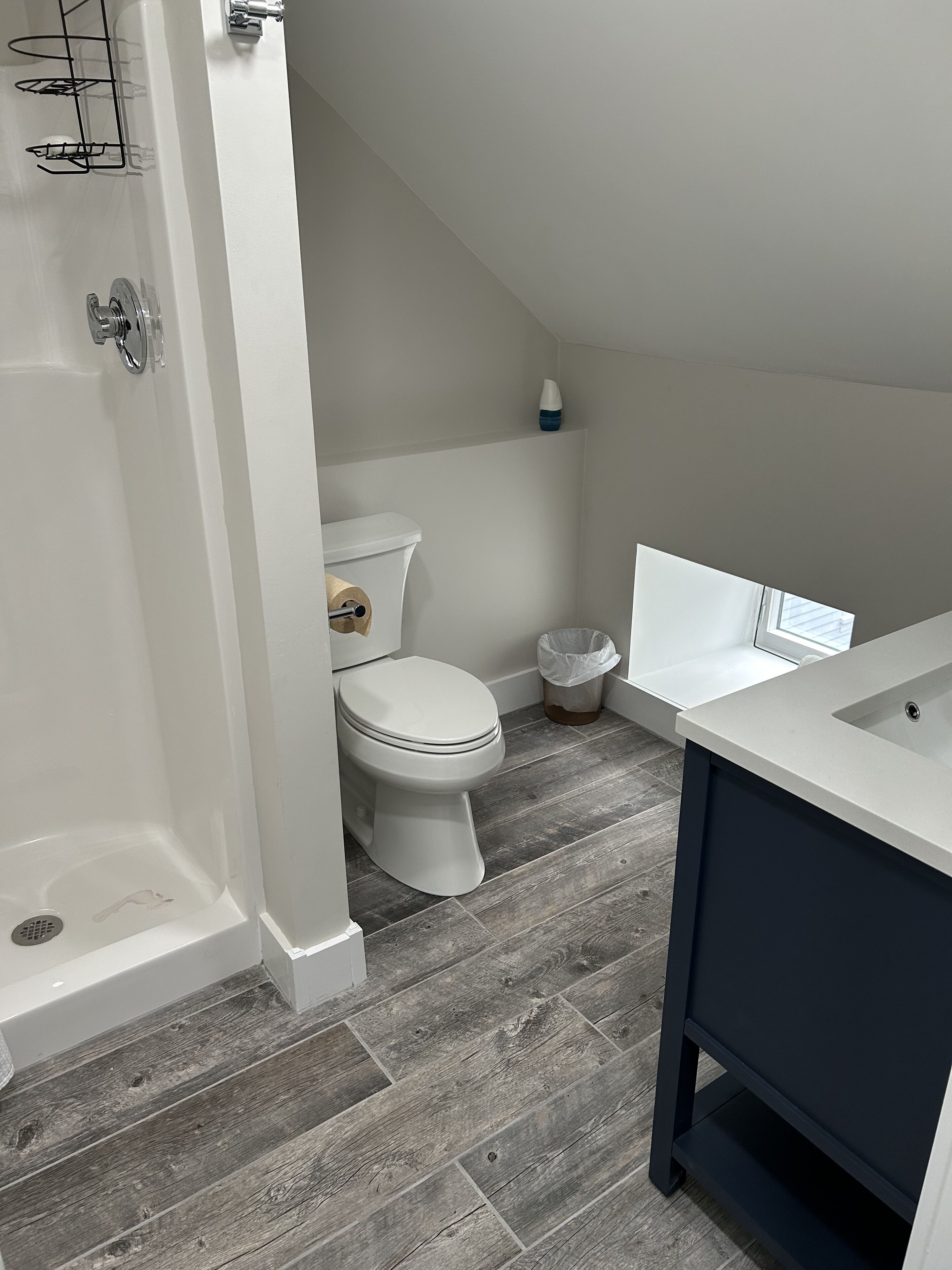 A modern bathroom with a shower, toilet, and sink.