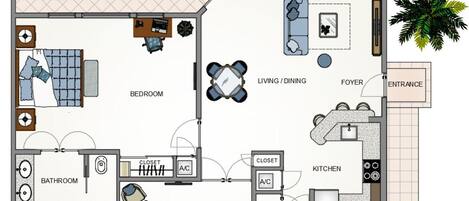 Distribución de un hotel que incluye balcón, sala de estar/comedor, vestíbulo, cocina, baños y dormitorios.