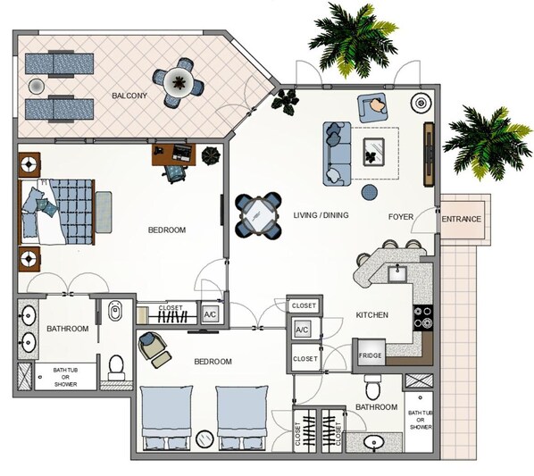 Un hôtel dont l’agencement comprend un balcon, un espace de vie/salle à manger, un hall d’entrée, une cuisine, des salles de bains et des chambres.