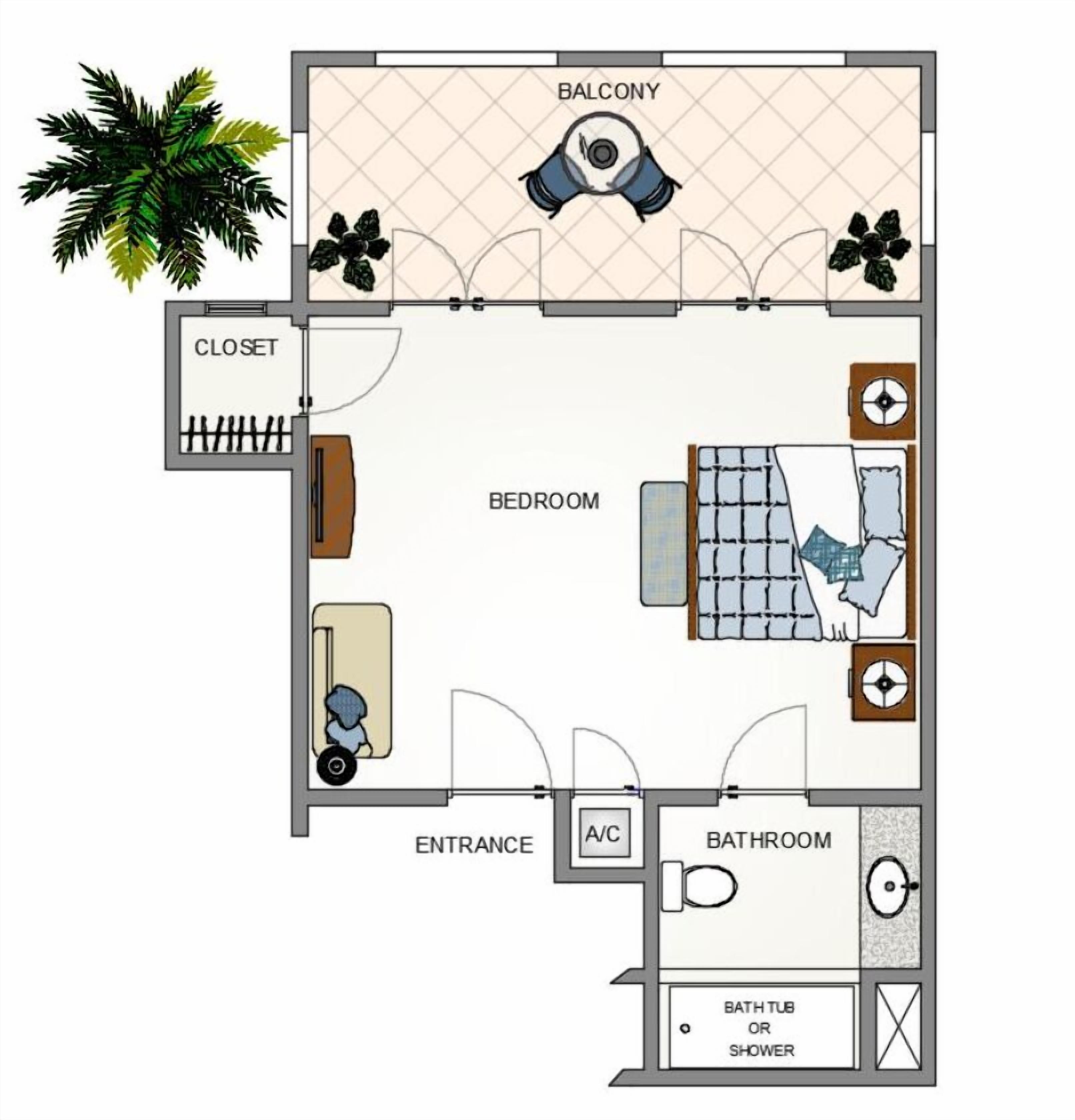 Ein Grundriss eines Hotelzimmers mit Balkon, Schrank, Schlafbereich, Eingang und Badezimmer.
