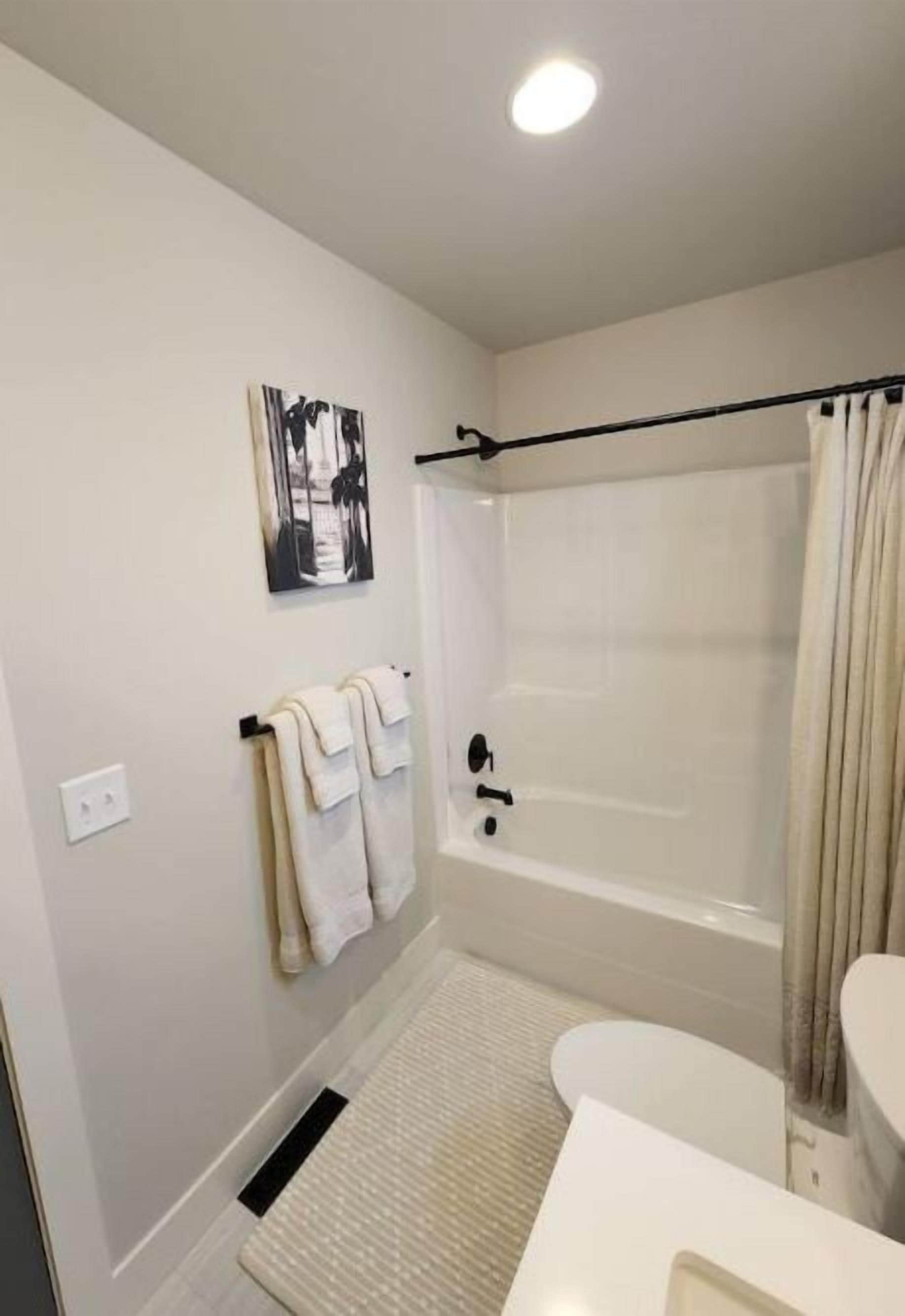 Hair dryer, towels, soap, shampoo