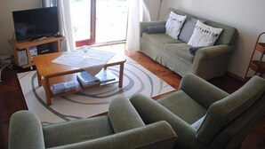 Uma sala de estar com um sofá verde, uma mesa de centro de madeira e uma televisão em um móvel.