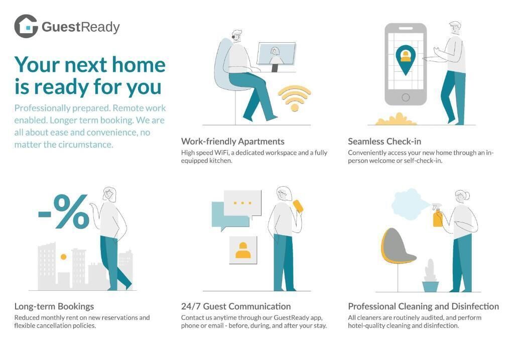 Une publicité pour un hôtel mettant en avant des atouts tels que des appartements adaptés au travail, un enregistrement facile et rapide, la possibilité de réserver pour de longues périodes, une assistance disponible 24 heures sur 24 et 7 jours sur 7, ainsi qu’un service de nettoyage et de désinfection professionnel.