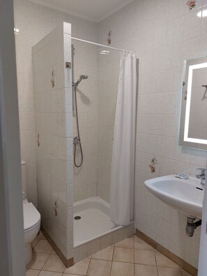 Combined shower/bathtub, hair dryer, towels