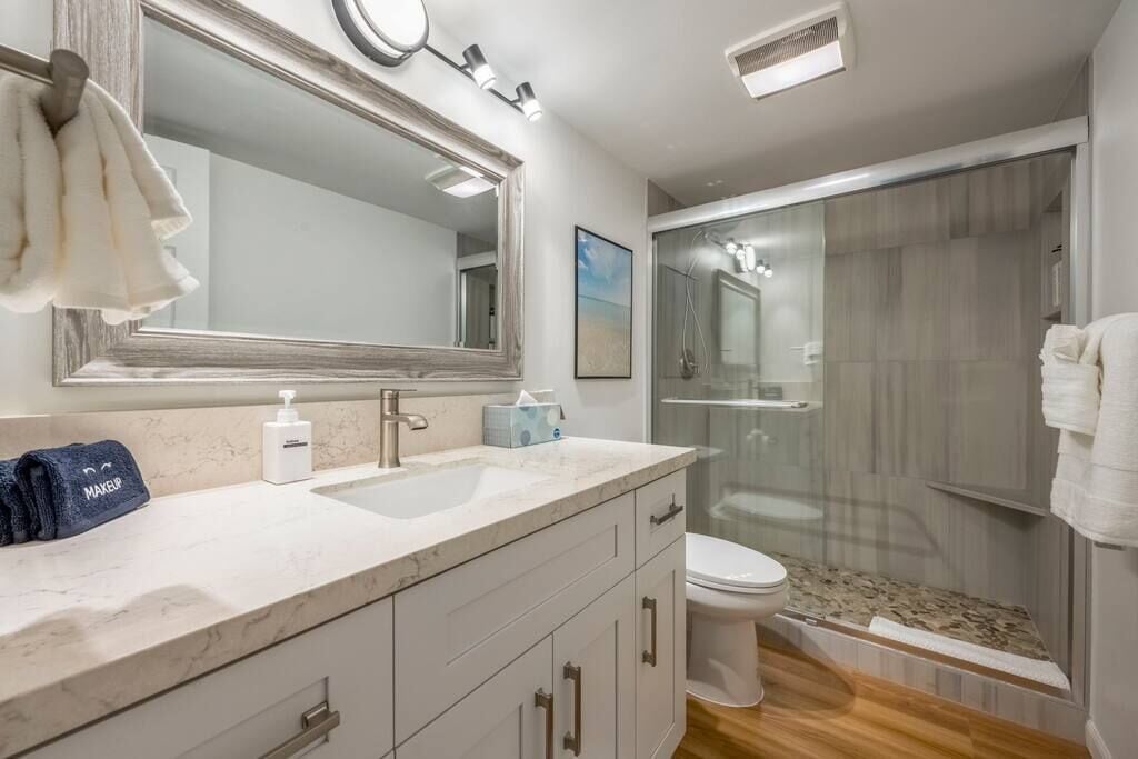 Eco-friendly toiletries, hair dryer, towels, soap