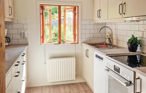 Fridge, stovetop, dishwasher, coffee/tea maker