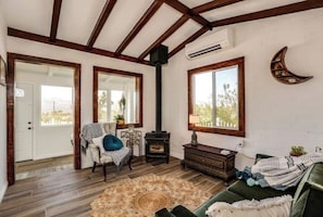 Smart TV, fireplace, books