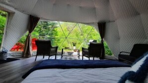 A room with a geometric ceiling design, a bed, two chairs, a small table, and a view of greenery outside. - Site #8 | Terra Dome (Whitestone)
