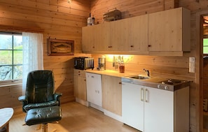 Fridge, stovetop, dishwasher, coffee/tea maker