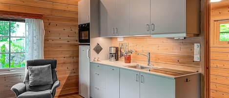 Fridge, stovetop, dishwasher, coffee/tea maker