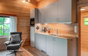 Fridge, stovetop, dishwasher, coffee/tea maker