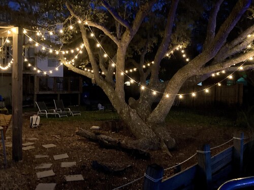 Tidal creek with 4 kayaks and a canoe. sunset views