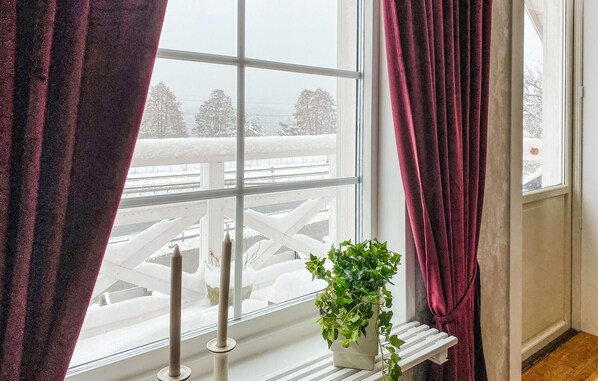 A window with a view of a snowy landscape, a white radiator, and a potted plant. - Amazing apartment in Sommen with WiFi (Sommen)