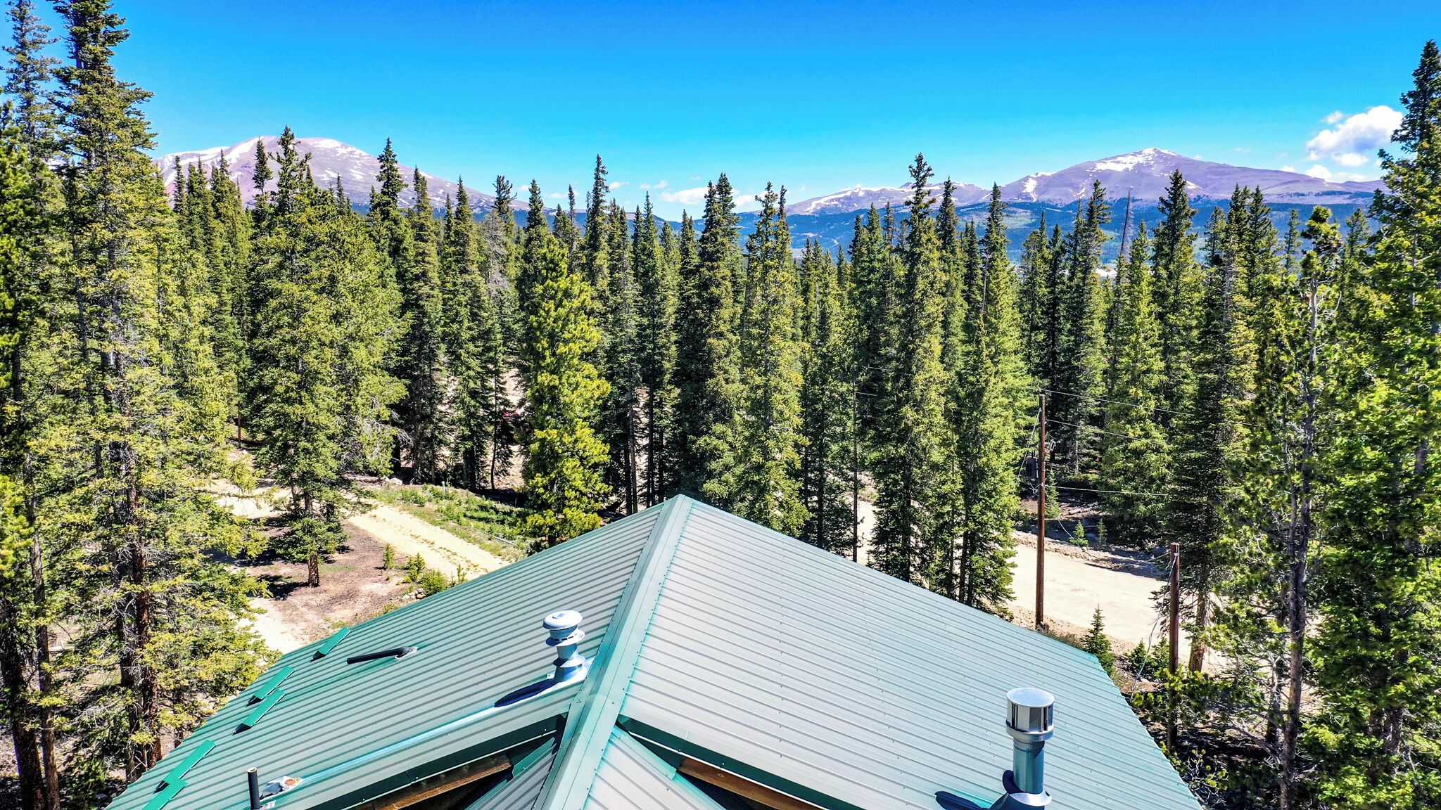 A house with a green roof, surrounded by a dense forest and mountains in the background.