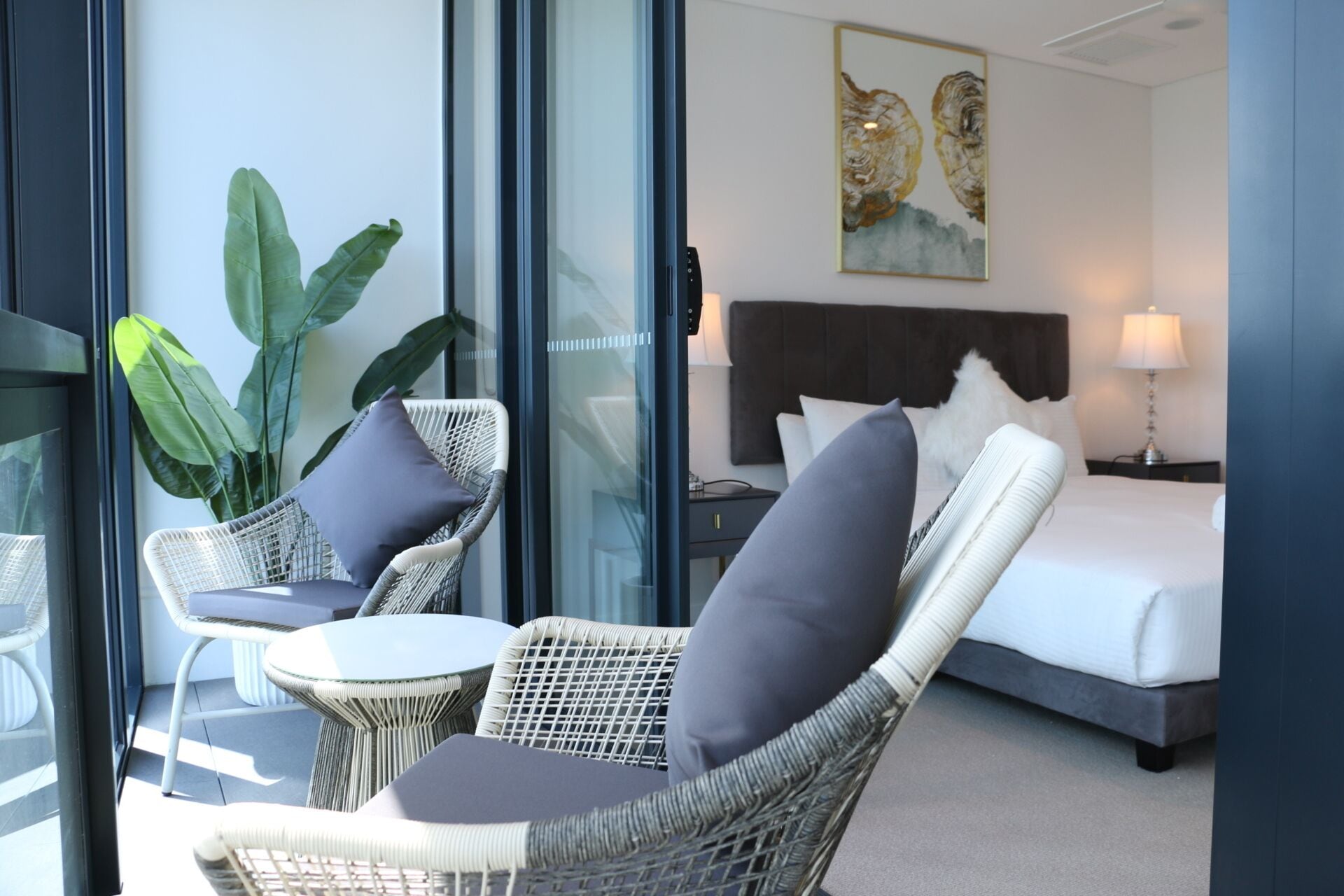 A hotel room with a bed, two wicker chairs with cushions, a small table, and a large plant.