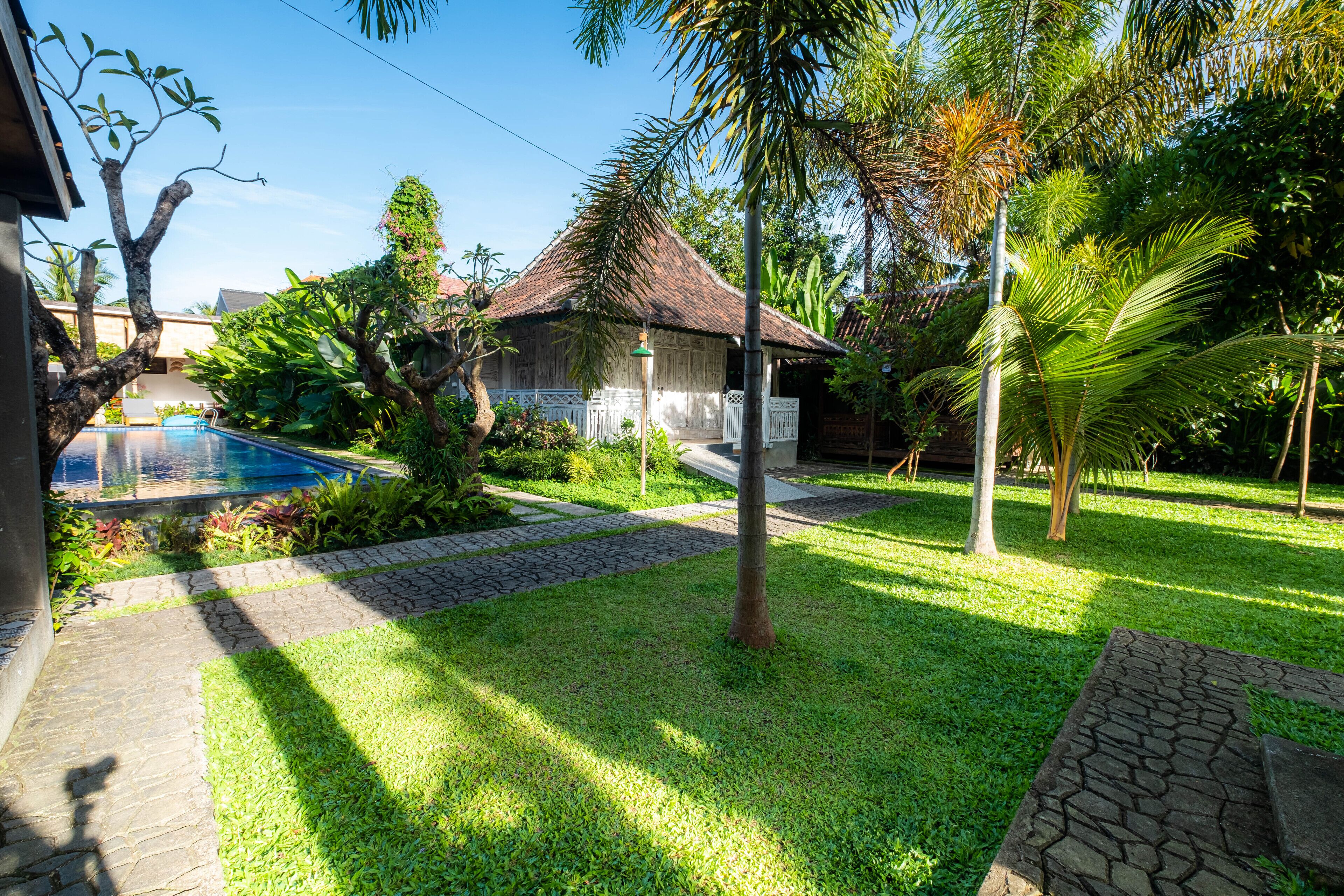 A well-maintained garden with a swimming pool, a thatched-roof structure, and a paved walkway.