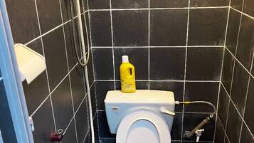 Un baño pequeño con azulejos, un inodoro, una ducha y un secamanos.