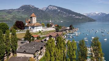 Une ville située au bord d’un lac, avec un bâtiment historique, un port de plaisance et des montagnes en toile de fond.