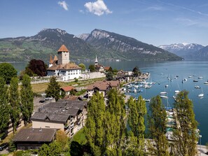 Un pueblo a orillas del lago con un edificio histórico, un puerto deportivo y montañas al fondo.