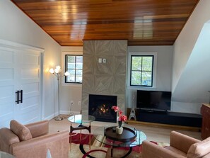 Smart TV, chimenea, biblioteca musical y videoteca 
