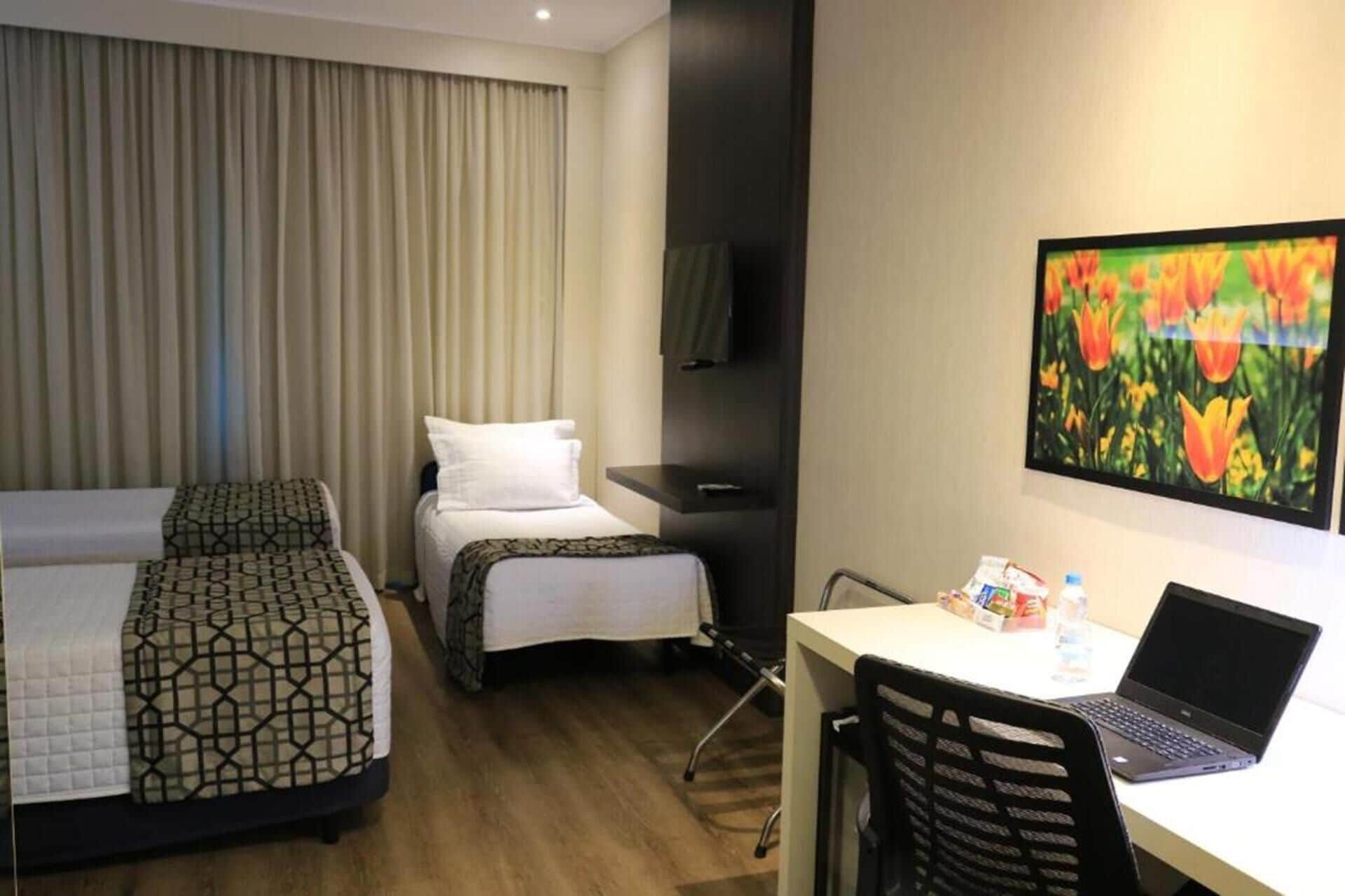 Habitación de hotel con dos camas, un escritorio con una computadora portátil, una silla, un televisor y un cuadro de flores.