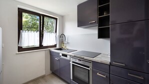 A kitchen with a window, a sink, a stove, and cabinets. - Holiday Apartment "Sonnenbühl" with Lake View, Private Balcony and Wi-Fi (Aulendorf)