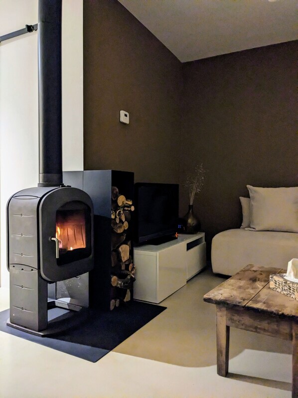 A modern living room with a wood-burning stove, a flat-screen TV, a sofa, and a coffee table.
